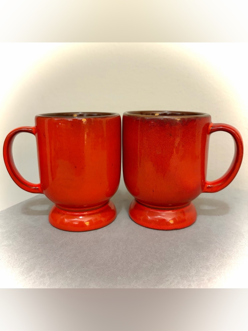 Frankoma C2 Orange Red Ceramic Footed Mug Cup - Set of 2